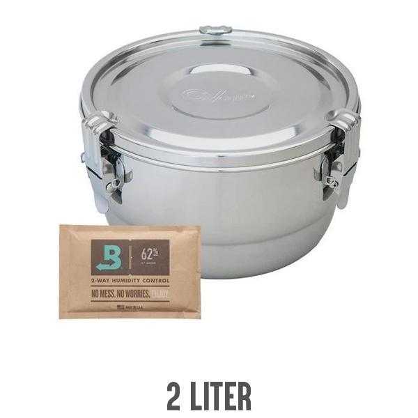 The CVault Humidity Control Airtight Metal Smell Proof Container by CVault, 2L size, features locking clamps and a 62% humidity control pack for reliable airtight storage and lasting freshness.